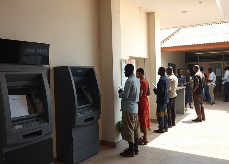Before — Terminal out of service at peak hours: the wait moves to the teller desk.
