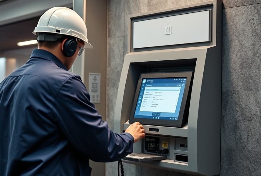 Field service team working on a self-service terminal